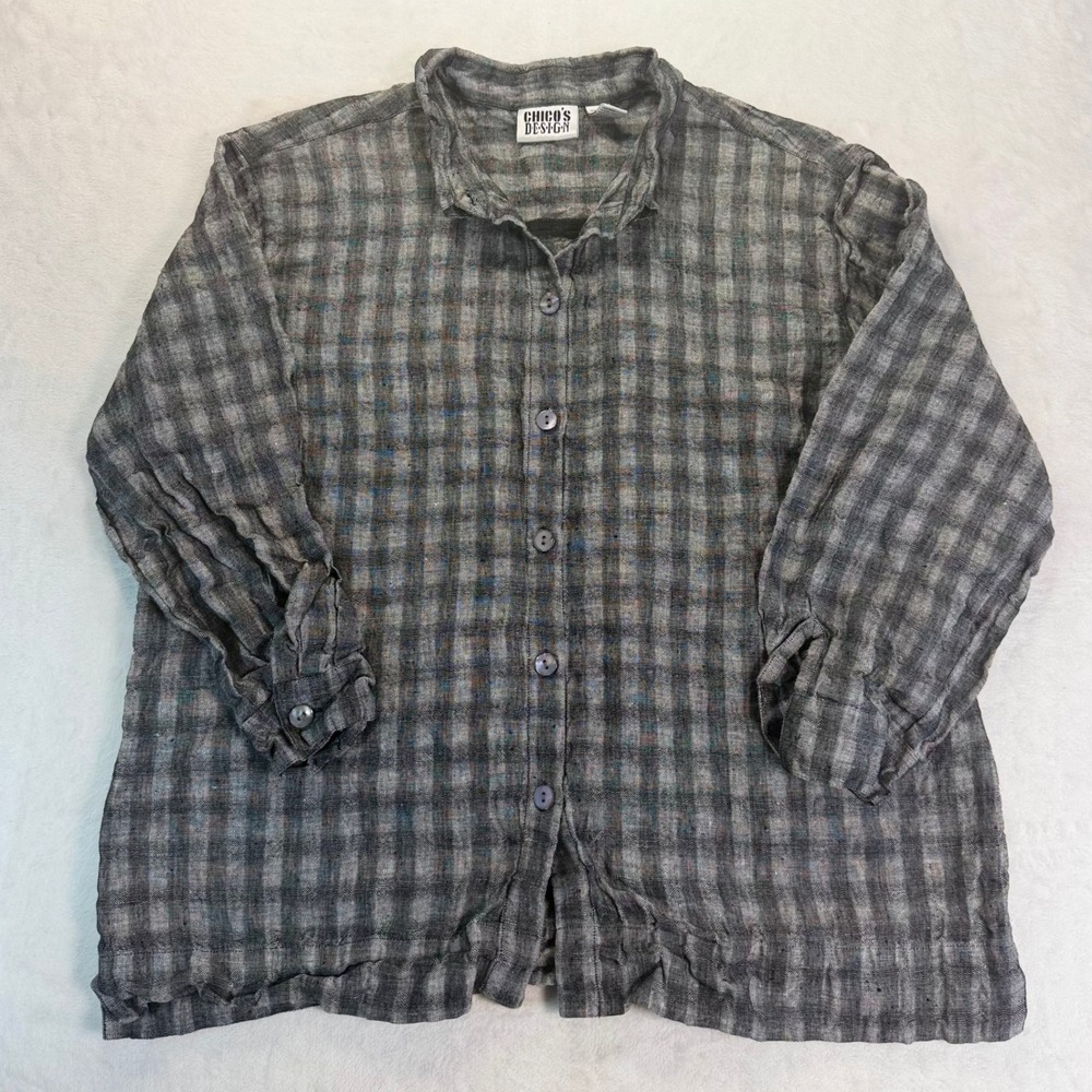 Chicos Design Grey Plaid 100% Linen Boxy Shirt Womens S 3 (XL) VTG 90s Lagenlook